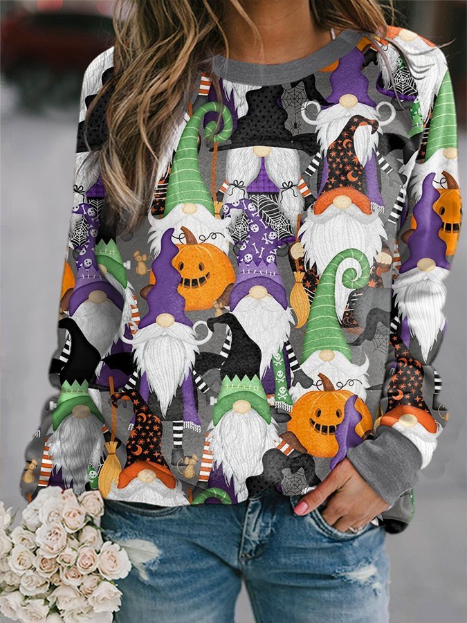 Women's Halloween Pumpkin Gnome Print Sweatshirt