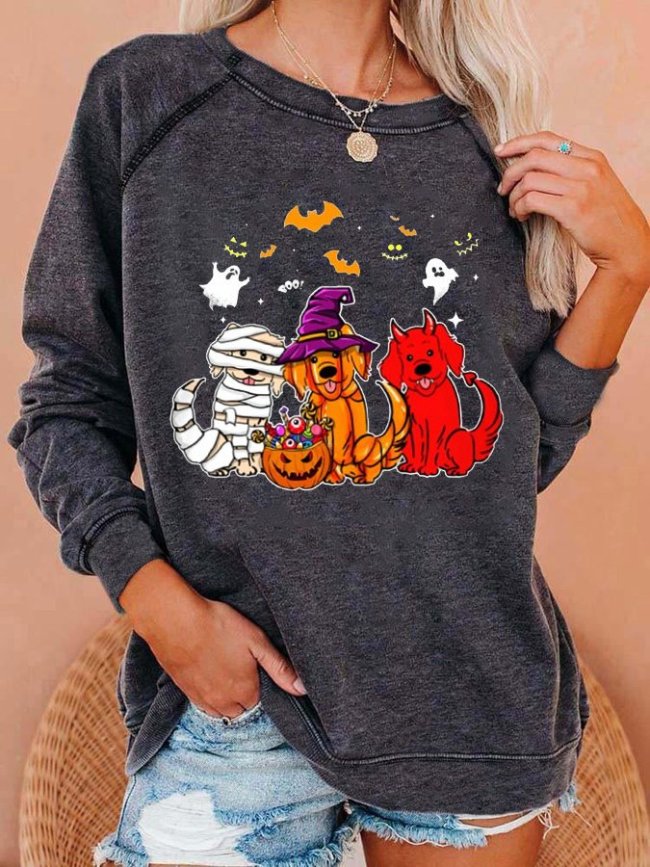 Women's Halloween Dog Print Casual Crew Neck Sweatshirt