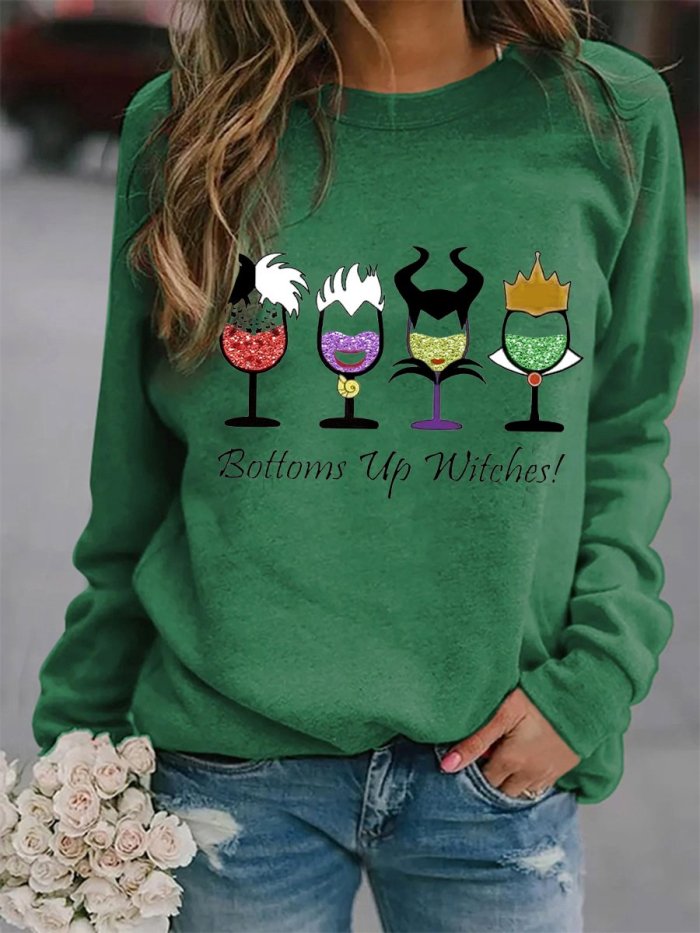 Women's Halloween Bottoms Up Witches! Wine print sweatshirt