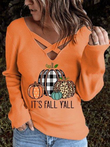 Women's It's Fall Y'all Pumpkin Print Special V-Neck Top