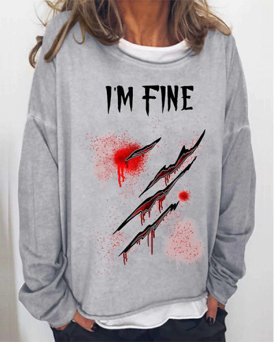 Women Halloween Humor Funny Bloodstained I'm Fine Printed Long Sleeve T-Shirt