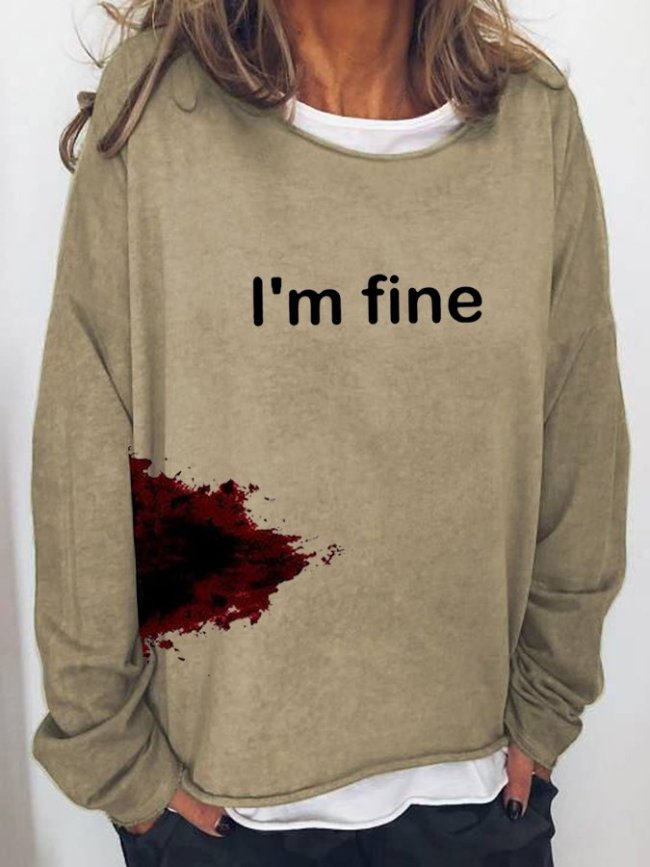 Women's Halloween Humor Funny Bloodstained I'm Fine Printed Long Sleeve T-Shirt