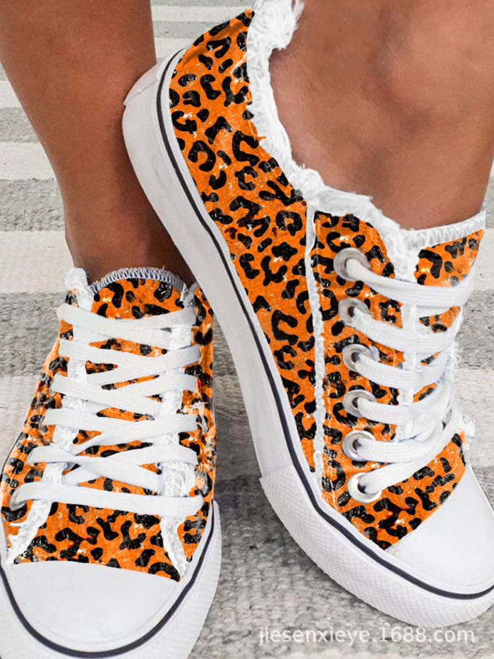 Orange Leopard Print Lace-up Canvas Sneakers