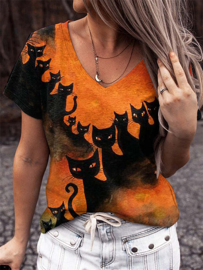 Halloween Black Cats V Neck T Shirt