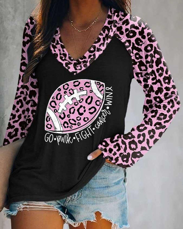 Women Leopard Football Breast Cancer Go Pink Fight Cancer Win Print Long Sleeve T-Shirt