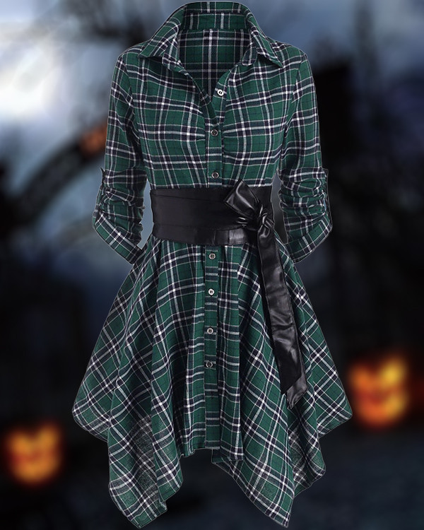 Casual Plaid Belt Dress