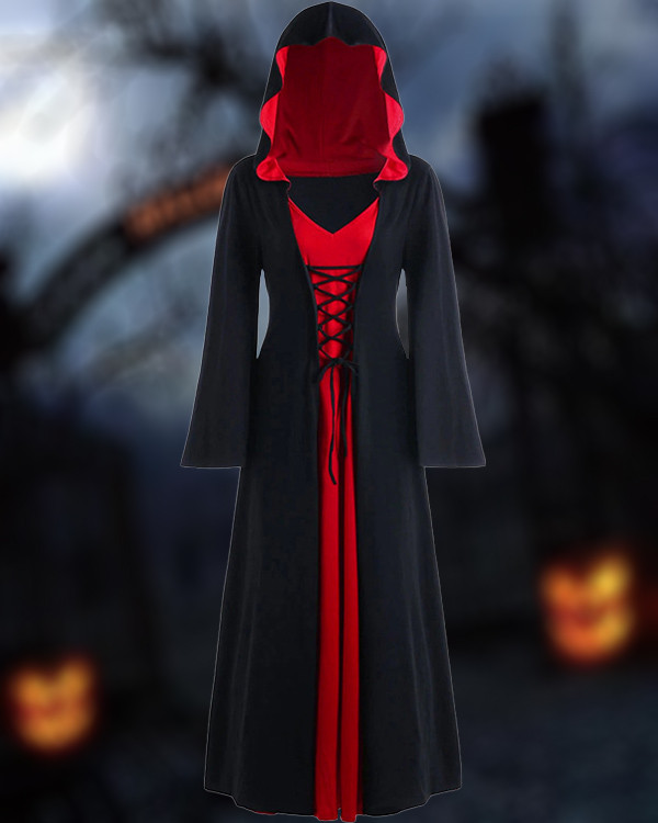 Halloween Witch Hooded Lace-up Plus Size Dress