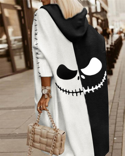 Halloween Black and White Patchwork Funny Smiley Long Knit Sweater Pocket Cardigan