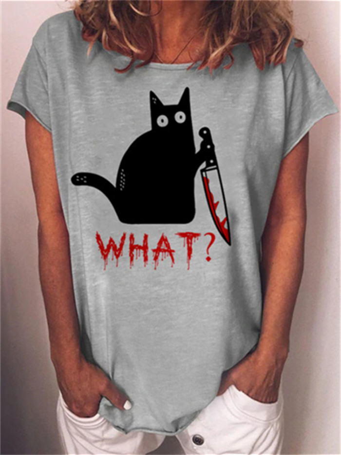 Holding Knife Black Cat What Loose T Shirt
