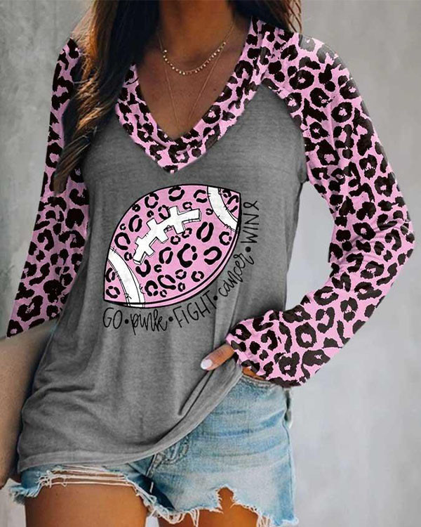 Women Leopard Football Breast Cancer Go Pink Fight Cancer Win Print Long Sleeve T-Shirt