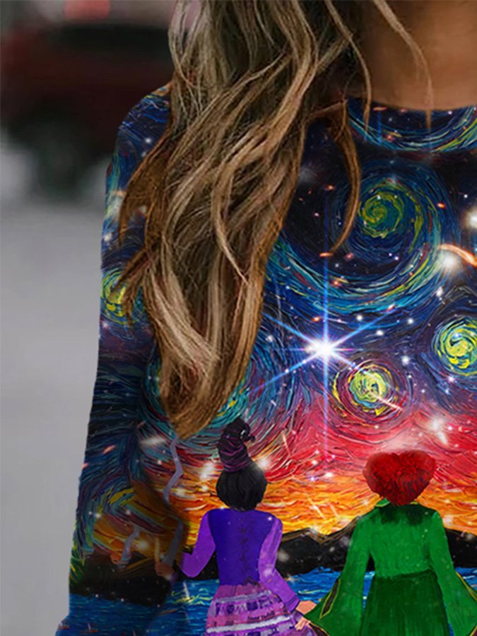 Halloween Sisters Starry Night Oil Painting & Space Image Print Sweatshirt