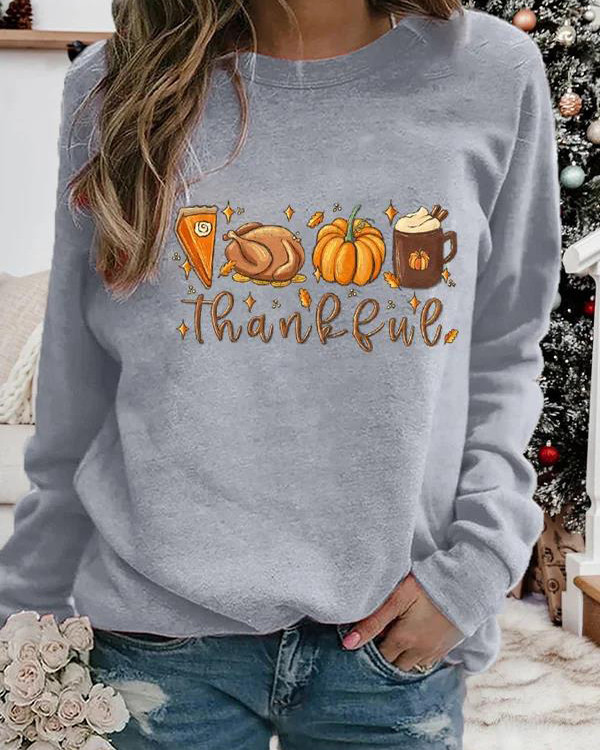 Women's Thankful Pumpkin Pie Thanksgiving Bible Turkey Leaves Fall Autumn Printed Casual Sweatshirt