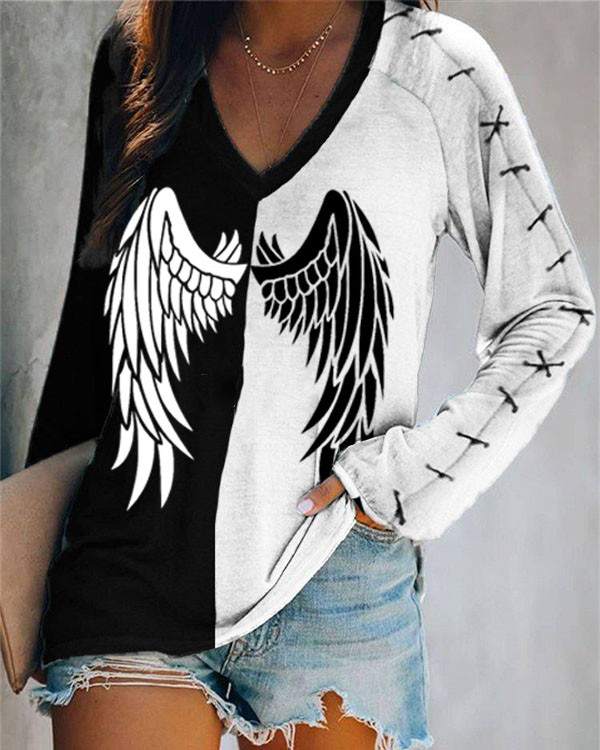 Angel Wings V-Neck Long Sleeve T-Shirt