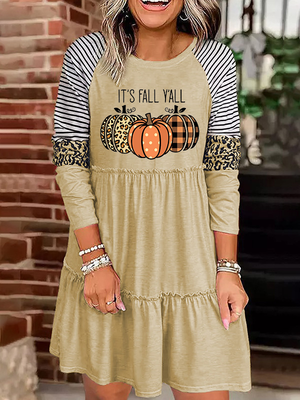 It's Fall Y'all Pumpkin Print Long Sleeve Dress
