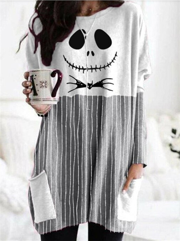 Halloween Spooky Face Contrast Color Stripe T Shirt