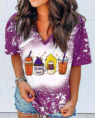Halloween Witches Brew Bleached V-Neck T-Shirt Tee - Purple