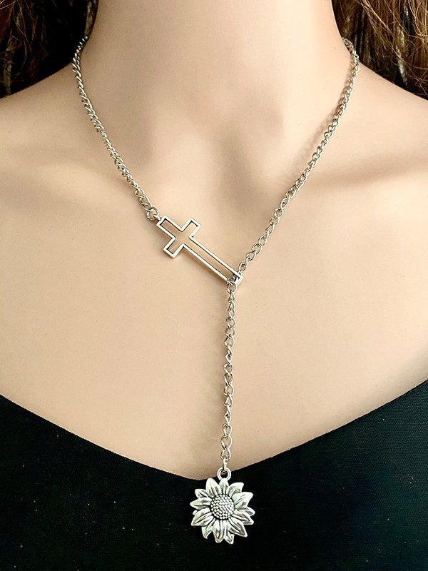 Vintage sunflower cross necklace