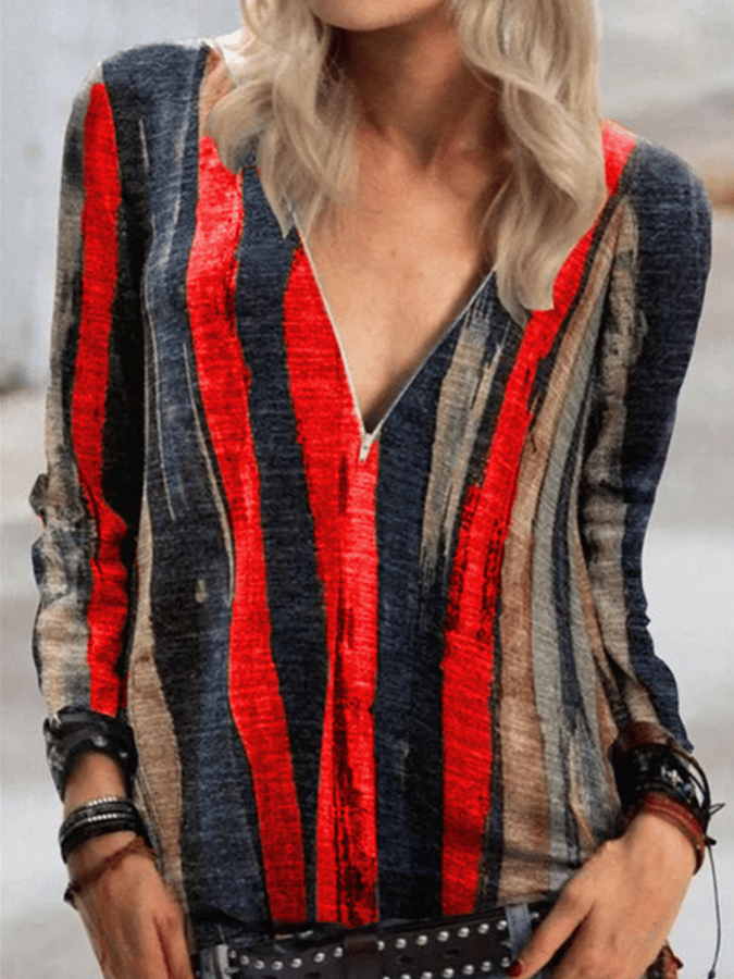 Women's Tie Dyed Striped V-neck Zip Shirt