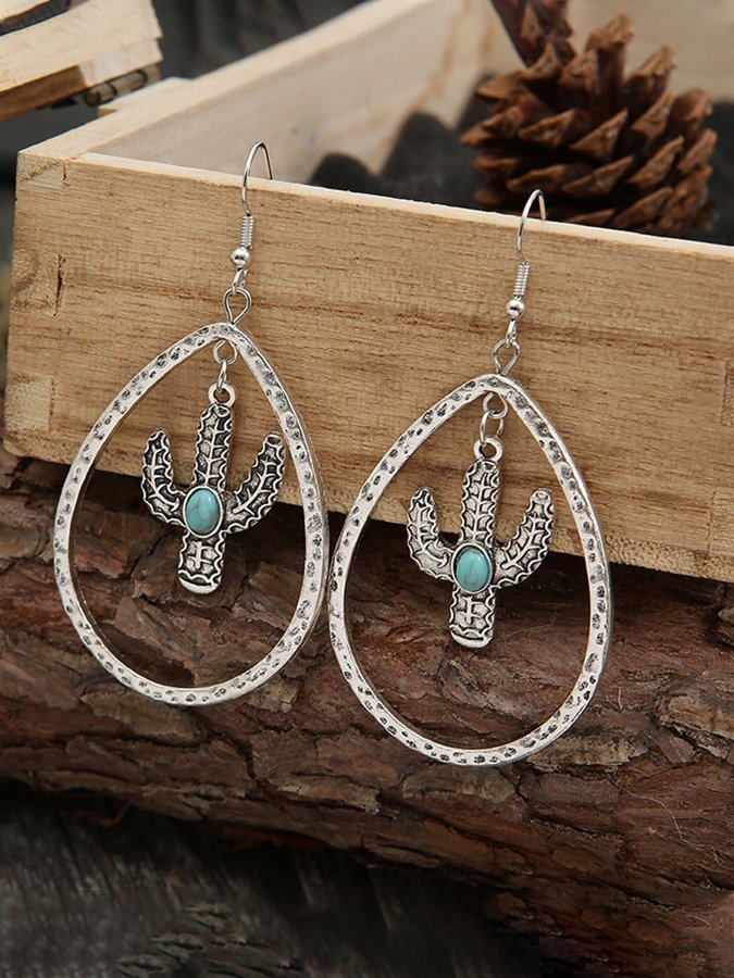 Retro Water Drop Hollow Out Cactus Turquoise Earrings