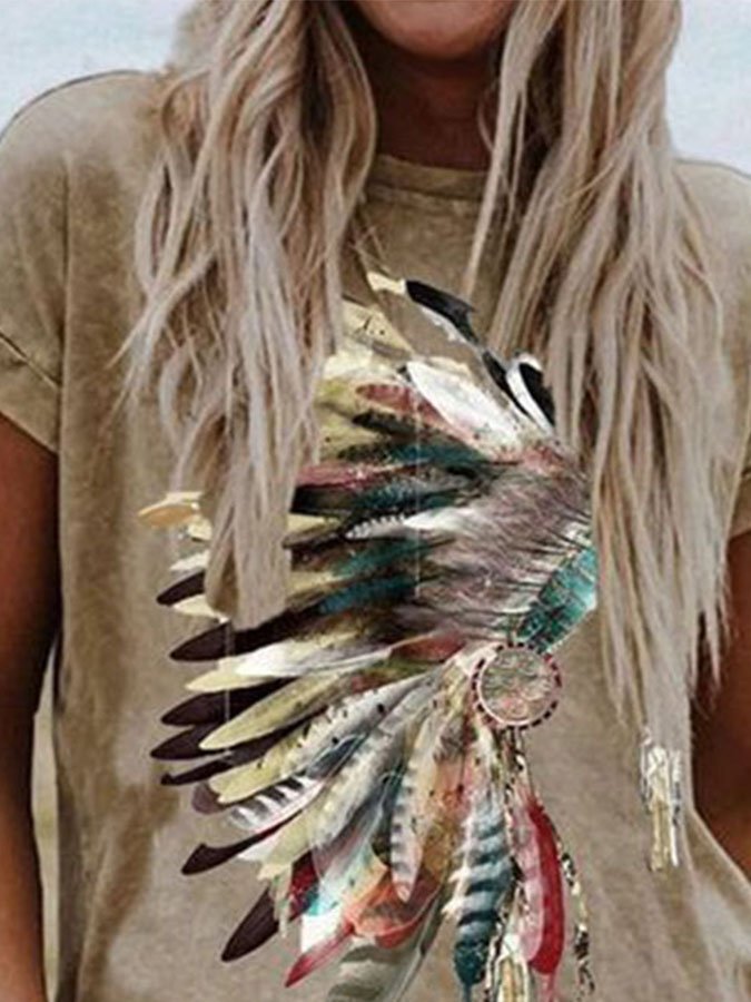 Indian Feather Print Short-Sleeved T-Shirt