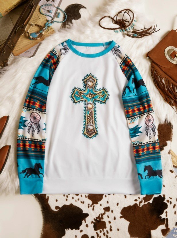 Women's Western Cross Turquoise Print Sweatshirt