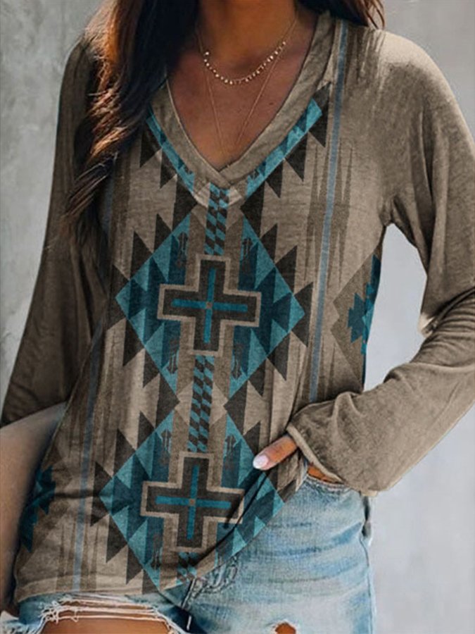 Women's Loose Western National Style Long  Sleeve Tee