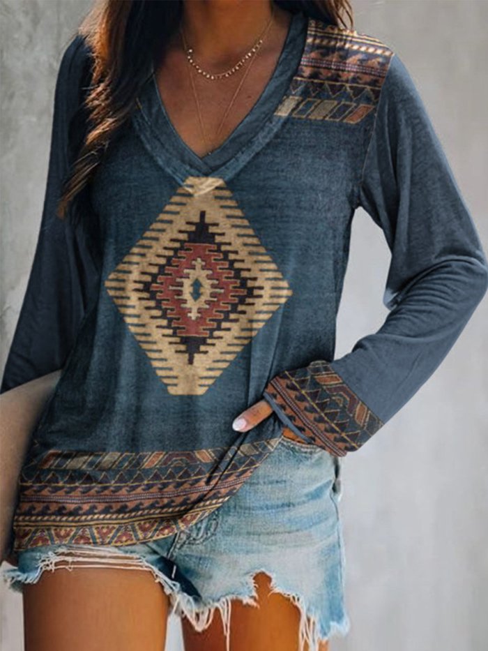 Women's western style AZTEC print V-neck T-shirt