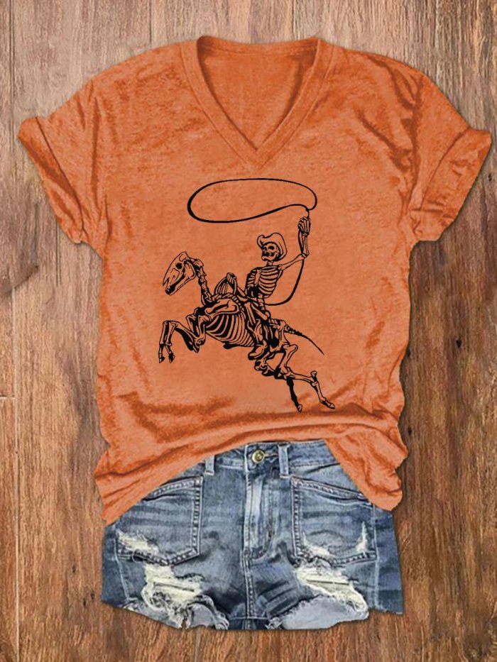 Women's Vintage Western Riding Skull Denim Print T-Shirt