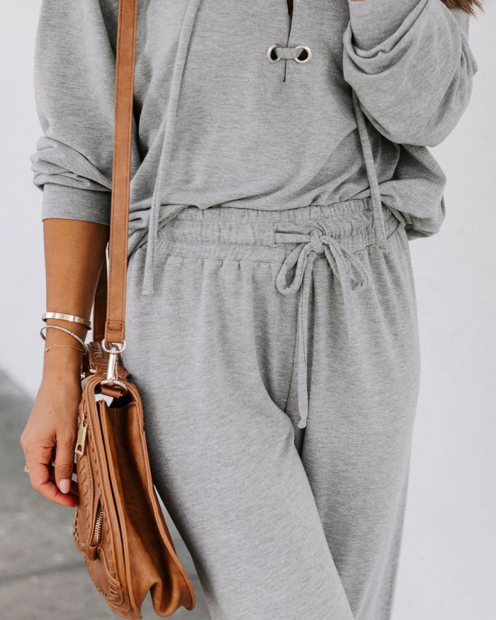 Casual Solid Color Lace-up Hooded Sweatshirt Set