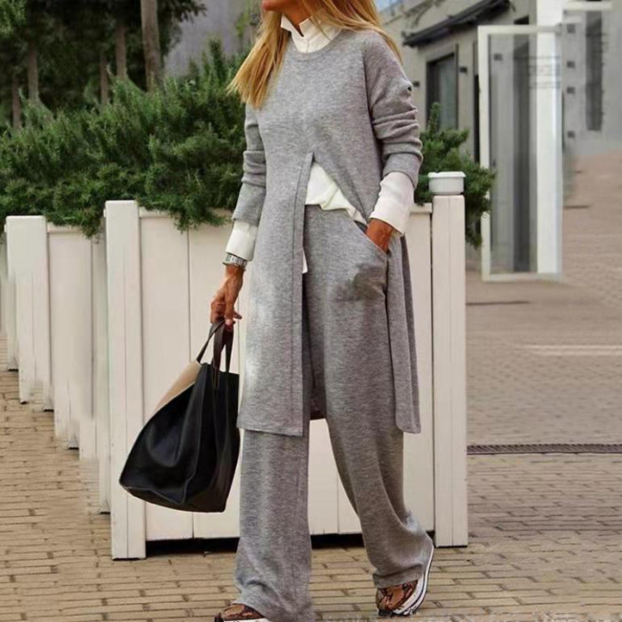 Casual Solid Color Slit Swaetshirt Two-piece Set