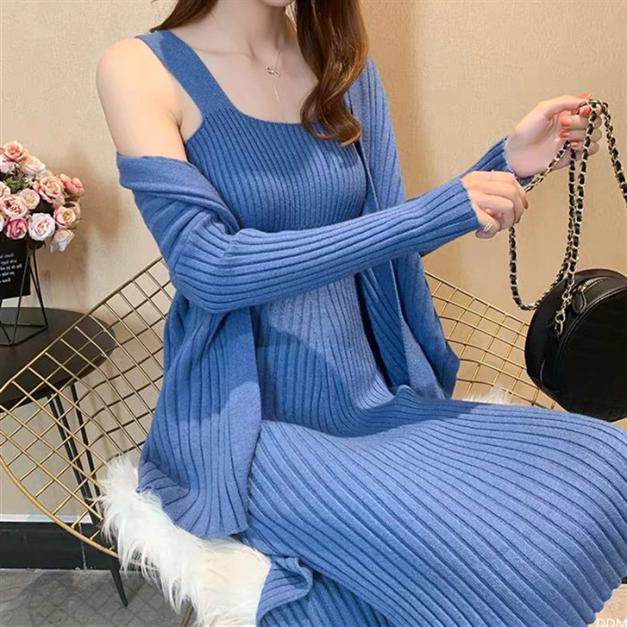 Loose And Versatile Knitted Cardigan Sweater Dress Two-Piece Set