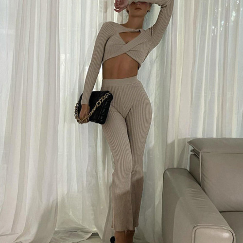 Casual Solid Color Hollow Knit Two-piece Set