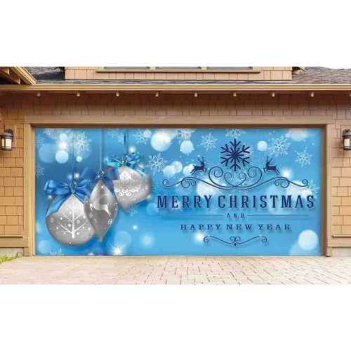 Silver Christmas Ornaments on Blue Christmas Garage Door Decor Mural for Double Car Garage