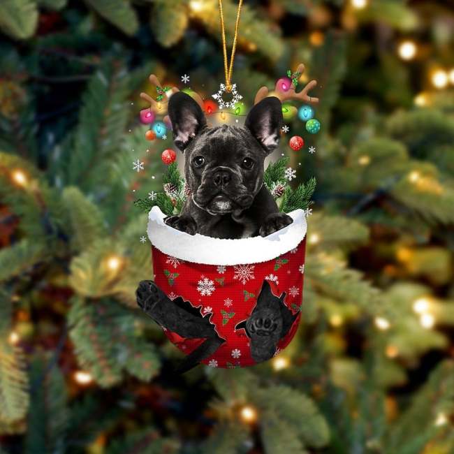 BLACK French Bulldog In Snow Pocket Christmas Ornament