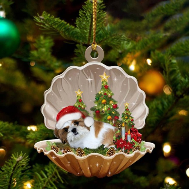 Gold White Shih Tzu-Sleeping Pearl in Christmas Two Sided Ornament
