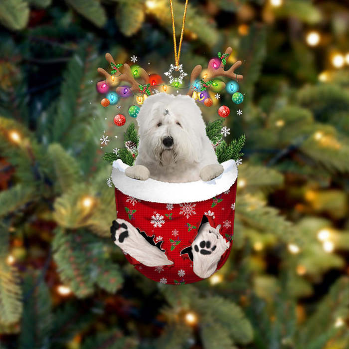 Old English Sheepdog In Snow Pocket Christmas Ornament
