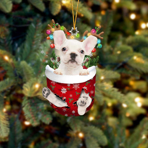 WHITE French Bulldog In Snow Pocket Christmas Ornament