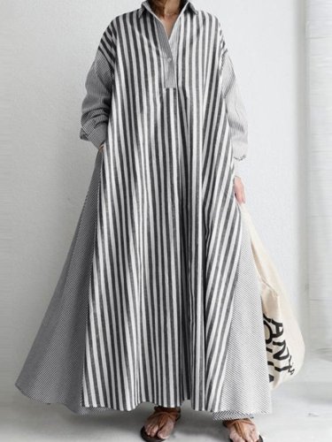 Women's V-Neck Long Sleeve Striped Shirt Dress