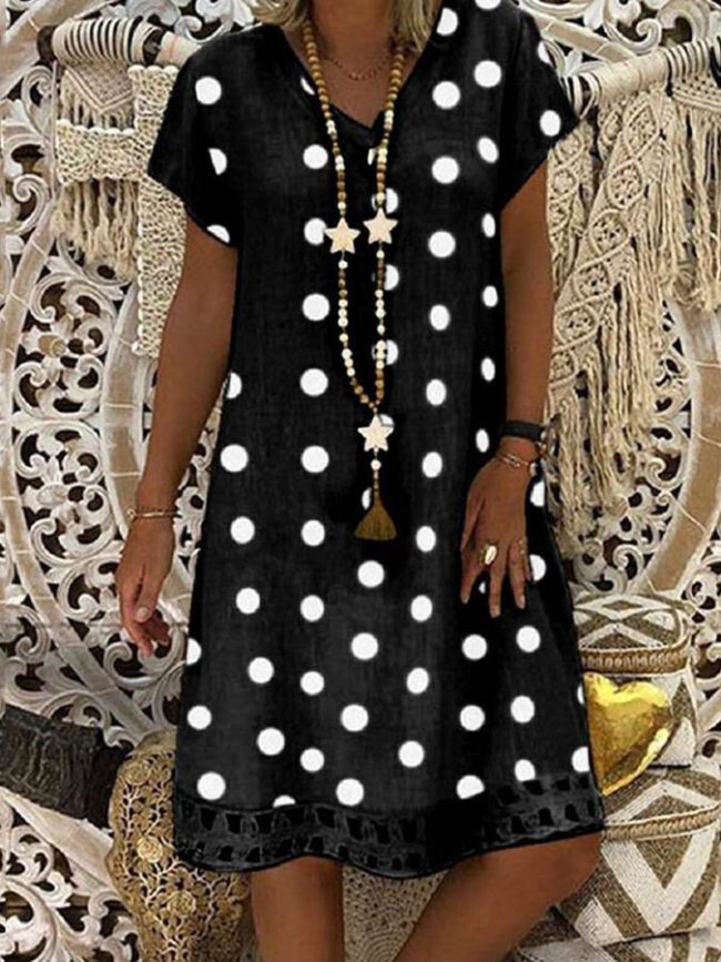 Women's Fashion Casual Polka Dot Print V-Neck Short Sleeve Mid-Length Dress