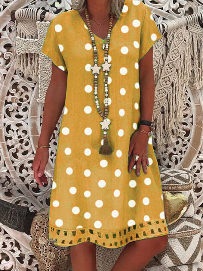 Women's Fashion Casual Polka Dot Print V-Neck Short Sleeve Mid-Length Dress
