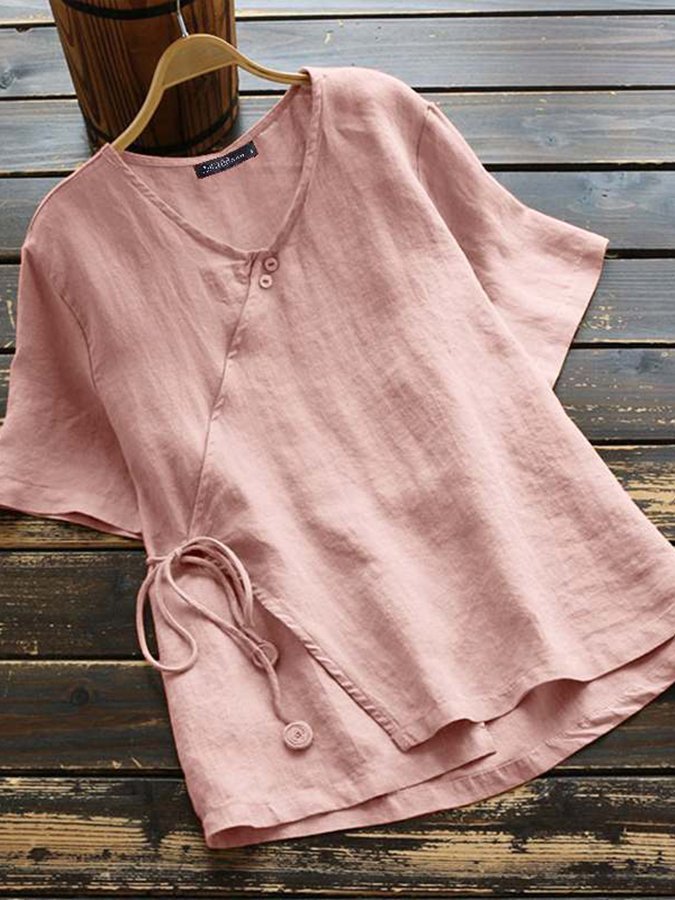 Women's Cotton Linen Solid Color Lace-Up Button-Up Shirt