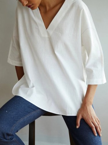 Women's Casual Pure Color V-Neck Cotton Shirt