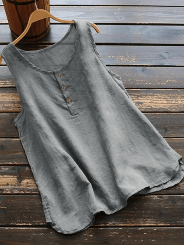 Women's Solid Cotton Linen Round Neck Split T-shirt