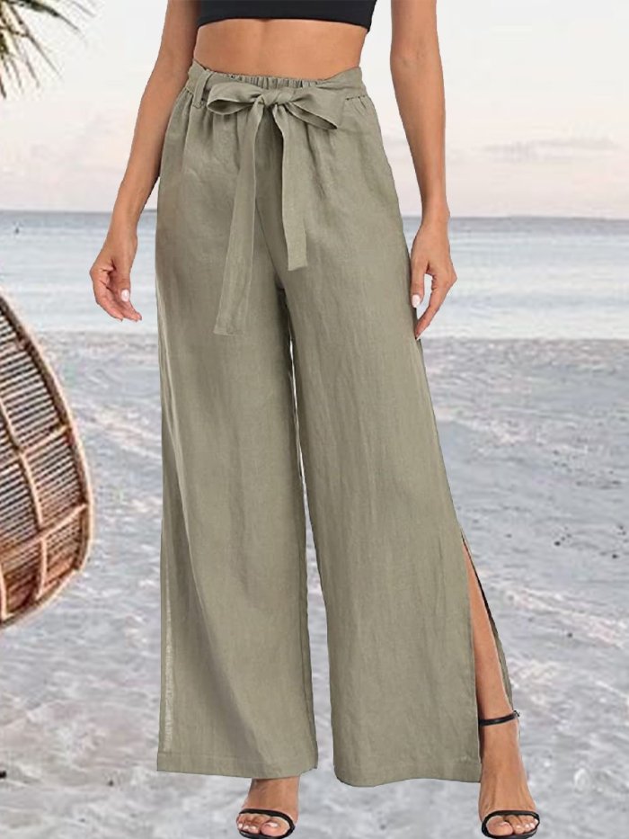 Women's Resort Style Solid Color Bow Knot Split Cotton Linen Wide Leg Pants