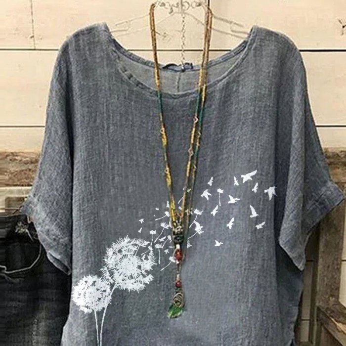 Women's Cotton Linen Dandelion Loose Casual T-Shirt