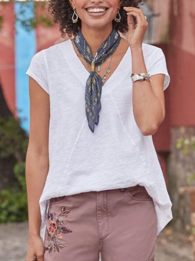 Solid Color V-Neck Cotton And Linen T-Shirt