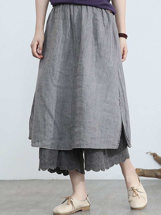 Retro Casual Cotton Linen Fake Two Piece Skirt