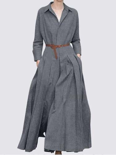 Solid Color Lapel Long Sleeve Casual Dress