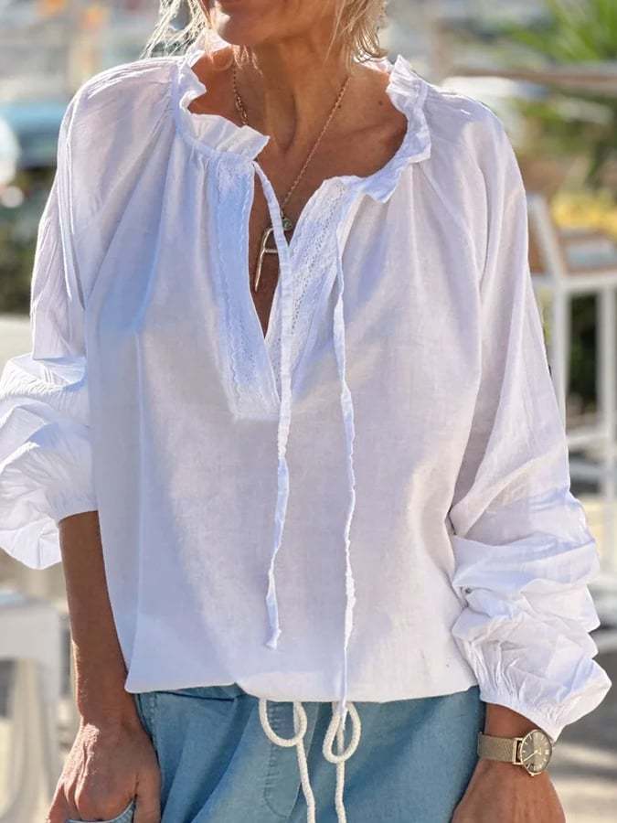 Women's Cotton Linen Casual V-neck Lace-Up Top