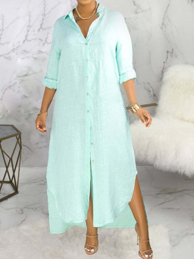 Women's Cotton Linen Solid Color Long Sleeve Shirt Dress